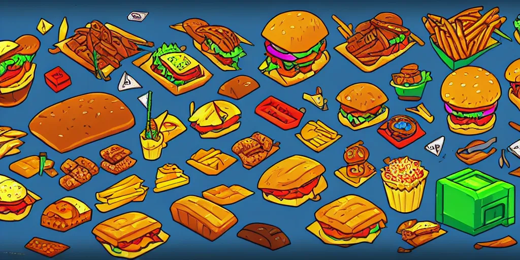 Prompt: game asset, concept art of fast food, high quality pixel art, rpg, very coherent and colourful high contrast masterpiece.