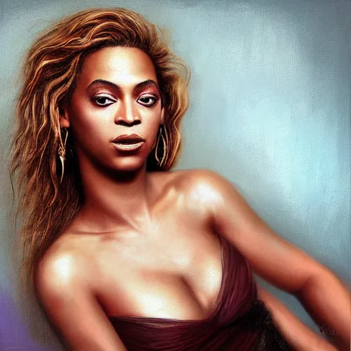 Image similar to sad flirtatious Beyonce, painted by michael karcz