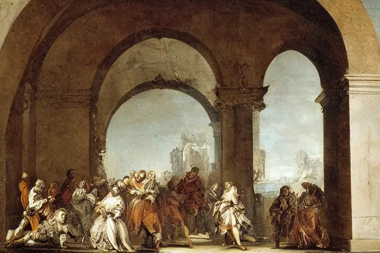 Image similar to you're a rockstar with a bulbous tongue, a francesco guardi detailed painting standing between archways to opposite dimensions, calluses build up to the steps of the gods