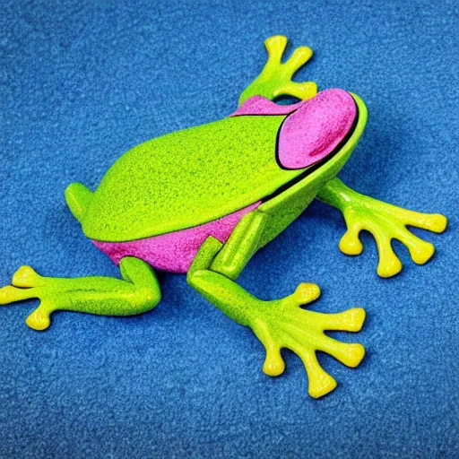 Prompt: plastic toy frog cleaning up the laundromat, pastel colors