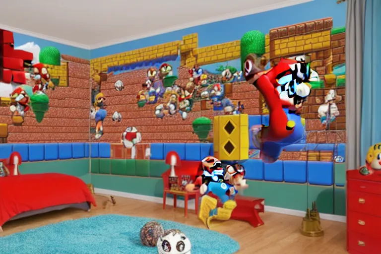 Prompt: a child's bedroom with a super mario bros mural spread across several walls, interior design, professional photography, 4 k