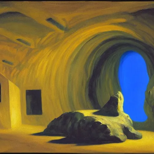 Prompt: A massive underground cavern housing a metropolis, glowing blue crystals line the cavern walls, painted by Edward Hopper, oil painting