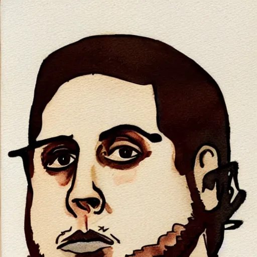 Image similar to jonah hill, stylized. Watercolor and ink. 1960s.