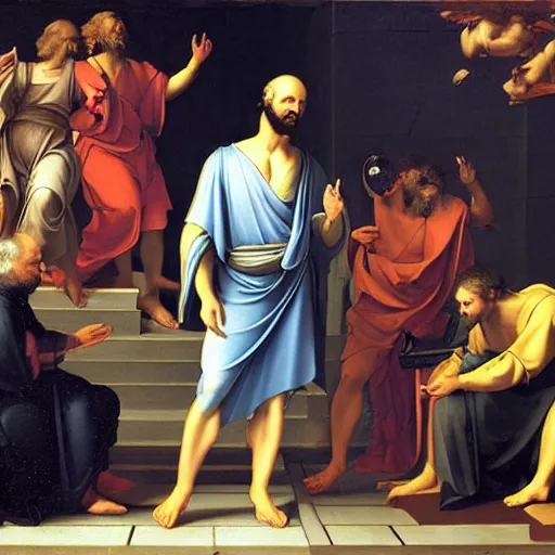 Image similar to socrates wearing a virtual reality headset looking up towards the stars, renaissance painting