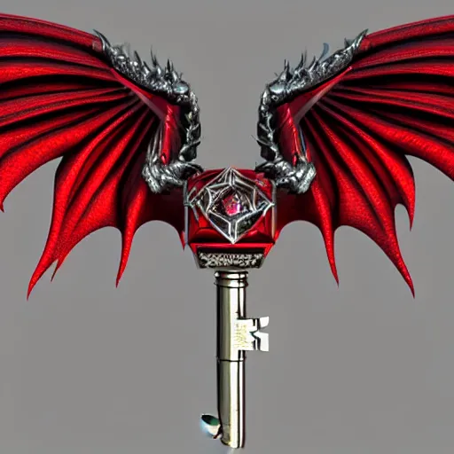 Image similar to a 3d game object of the metal key for the cage, very realistic, with dragon wings and large red diamond in it, it is very detailed, on the white background, rpg game inventory item