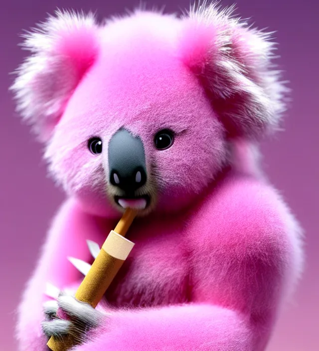 Image similar to high quality 3 d render hyperrealistic very cute small pink koala smoking weed joint, rising smoke, plush mascot, short spiky dense fluffy smooth hair, photo from the side, pink fluffy fur, 1 5 0 mm, beautiful natural soft light, rim light, vray, smooth background, artstation, ultra detailed