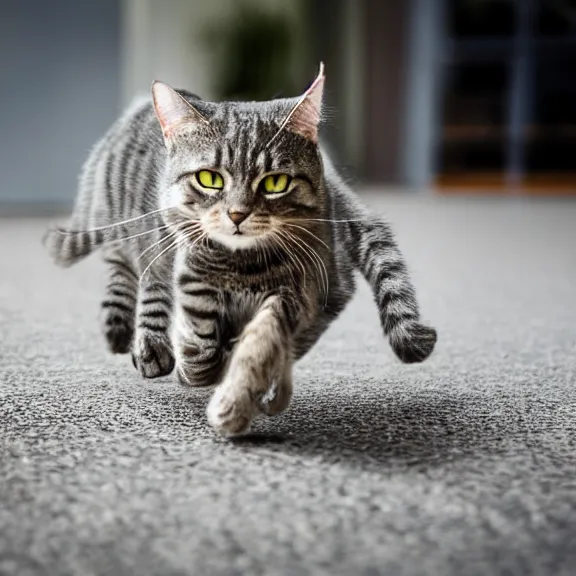 Prompt: close up wide angle photo of a brownish gray tabby cat running towards the camera, motion blur, dramatic