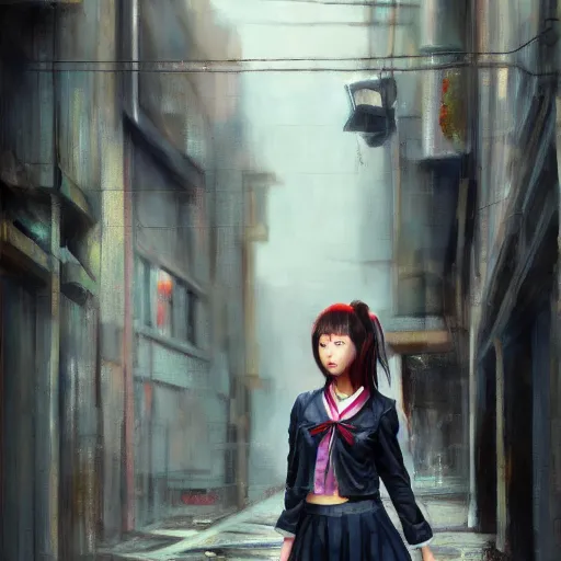 Image similar to a perfect, realistic professional oil painting of a Japanese schoolgirl posing in a dystopian alleyway, style of Marvel, full length, by a professional American senior artist on ArtStation, a high-quality hollywood-style concept