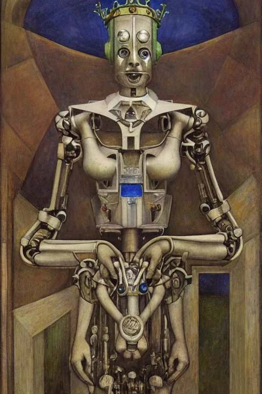 Image similar to the robot wearing her bone crown stands by the window , by Annie Swynnerton and Diego Rivera and Elihu Vedder, symbolist, dramatic lighting, elaborate geometric ornament, Art Brut, soft blues and greens,smooth, sharp focus, extremely detailed, Adolf Wölfli and Evelyn De Morgan