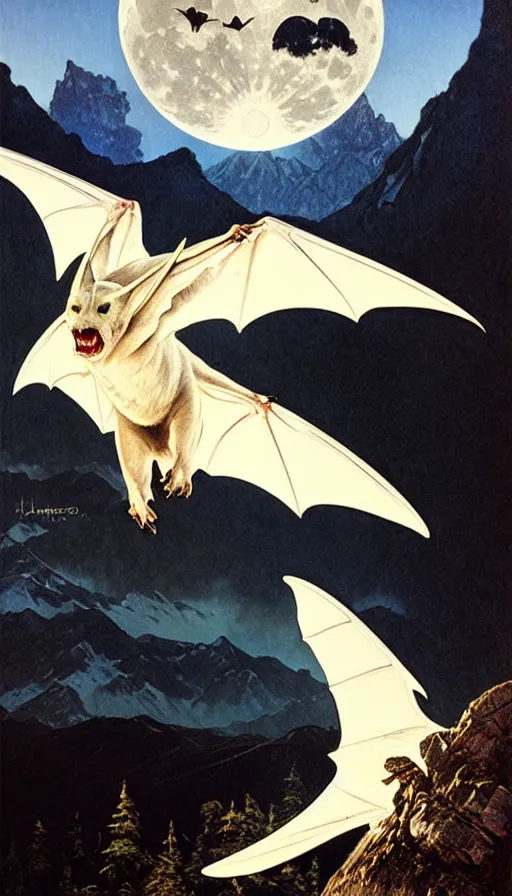 Image similar to hyper realistic white bat, flying against a dark black night sky, mountain in the background, moonlight, denoised, very detailed, painted by james gurney, alphonso mucha, norman rockwell, tom bagshaw