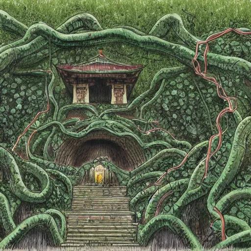 Image similar to hyper-detailed concept art for an ancient underground shrine with lots of vines and moss growing by masashi kishimoto