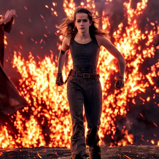 Prompt: Emma Watson on walking through fire, Action movie pyrotechnics shot, 8k UHD, studio photography, high quality, high detail, stunning lighting