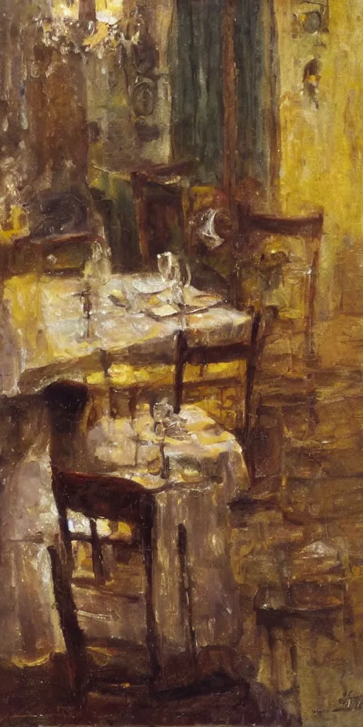 Image similar to brown cat with yellow eyes is sitting at table in a cafe at paris in early 2 0 th century. atmospheric feeling, warm colours, brown colours, yellow colours, epic scene, cinematic, very detailed, oil painting