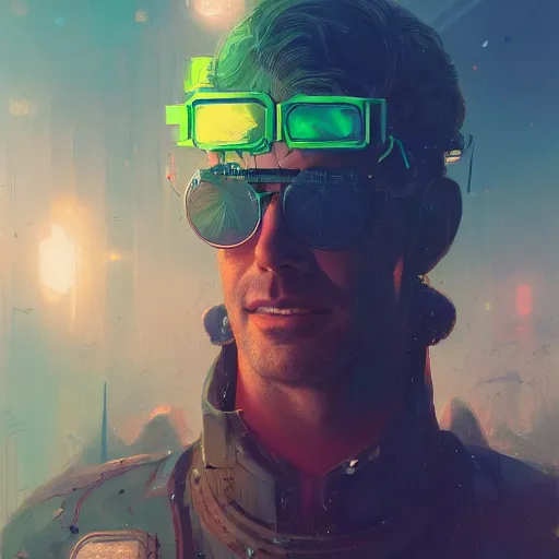 Prompt: a head and shoulders portrait of a space cowboy, neon, retro, steampunk, smooth, sharp focus, intricate, artstation, detailed concept art by Marc Simonetti, blade runner