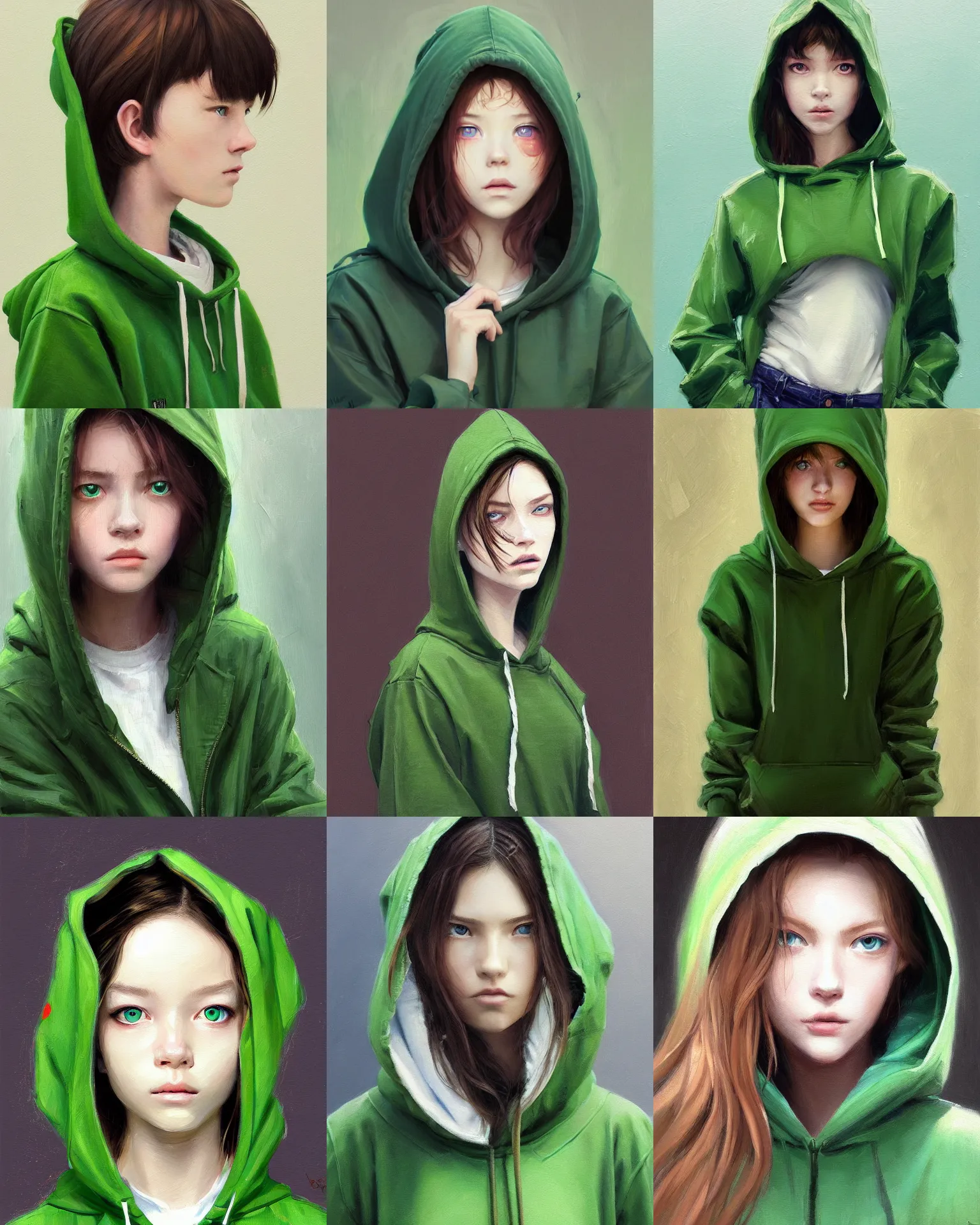 Prompt: a painting of a fully dressed girl wearing a hoodie upper body with beautiful green eyes, highly detailed, digital painting, artstation, sharp focus, dreamy illustration, art by katsuhiro otomo ghost - in - the - shell, artgerm, jeremy lipkin and giuseppe dangelico pino and michael garmash and rob rey