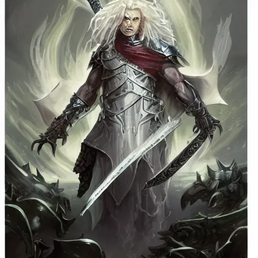 Prompt: albino knight with long white hair and black armor, sword and sorcery, dungeons and dragons, book cover, in the style of peter mohrbacher and nick brummer