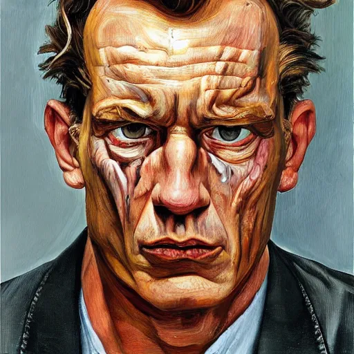 Image similar to high quality high detail painting by lucian freud, hd, portrait of terminator