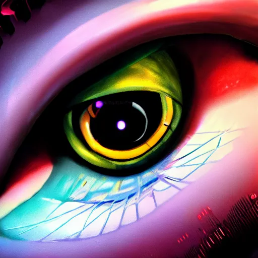 Prompt: Cybernetic Eye, close up, colorful, fantasy, vivid colors, concept art, sharp focus, digital art, Hyper-realistic, 4K, Unreal Engine, Highly Detailed, HD, Dramatic Lighting by Brom, trending on Artstation