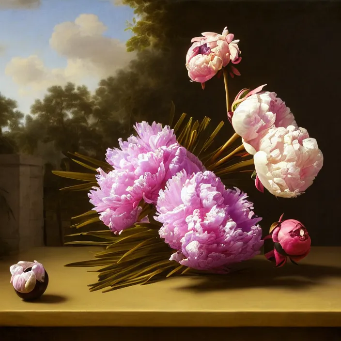 Image similar to still life painting of a beautiful bouquet of purple and pink peonies by pieter claesz, palm trees in the background, oil on canvas, strong lighting, highly detailed, hyper realism, golden hour, god rays, hd, 4 k