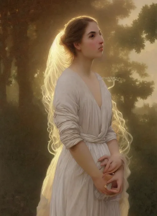 Image similar to oil painting close up portrait of a contemplative young provencale woman with long dark flowing hair in a dress made of white roses!! at sunset, hazy, digital art, chiaroscuro, artstation, cinematic, golden hour, digital art painting by greg rutkowski, william - adolphe bouguereau, hazy atmosphere, cinematic lighting