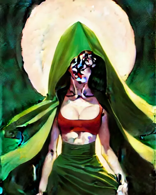 Prompt: Joshua Middleton comic art, artgerm, Mandy Jurgens art, Irina French art, cinematics lighting, beautiful Anna Kendrick supervillain, green dress with a black hood, angry, symmetrical face, Symmetrical eyes, full body, flying in the air over city, night time, red mood in background