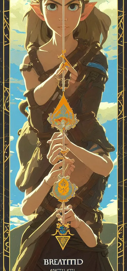 Prompt: perfectly detailed breath of the wild tarot card!! blessed by nature with ever - increasing physical mental perfection, symmetrical! intricate, sensual features, highly detailed, biblical divine holy perfection!! digital painting, artstation, concept art, smooth, sharp focus, illustration, art by artgerm and greg rutkowski and alphonse mucha