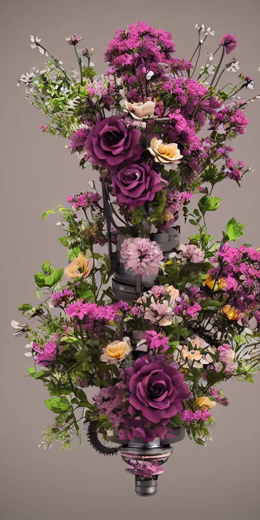 Image similar to a lovely mechanical bouquet of flowers, highly detailed, octane render, cinematic