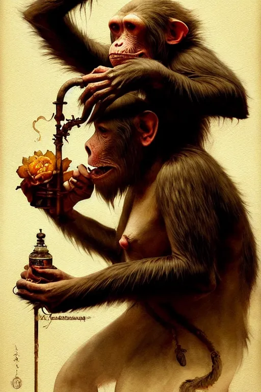 Image similar to ape magician | esoteric symbolism | jean - baptiste monge, esao andrews, bastien lecouffe - deharme, tim jacobus, ken currie | ultra - detailed realism, soft cinematic lighting, hi - fructose, artstation, high - quality, ink watercolors wes anderson poster art