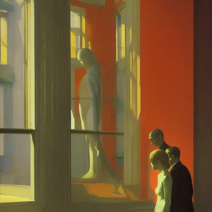 Prompt: people inside flooded museum looking through the window Edward Hopper and James Gilleard, Zdzislaw Beksinski, highly detailed