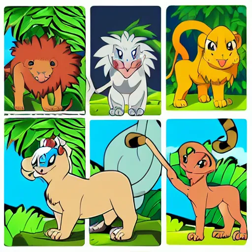 Prompt: Lion in the jungle cartoon pokemon style