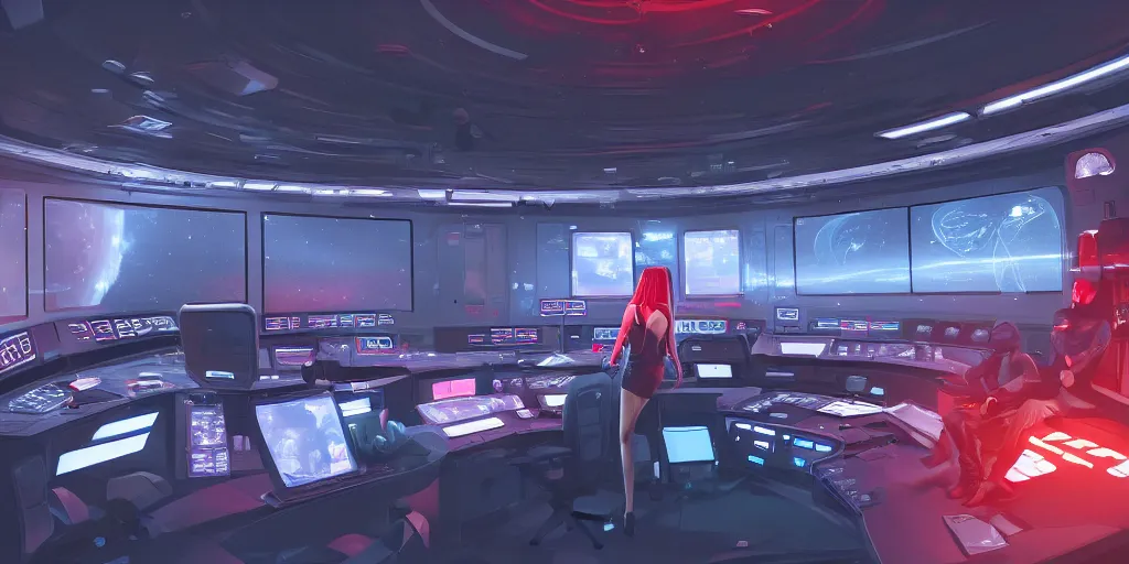 Prompt: a space-craft control room with windows looking out into the cosmos, a computer-generated female avatar on the heads up display, red warning lights, sci fi, ultra realistic, cinematic, cinematic lighting, artstation, HD,