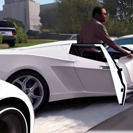 Prompt: Franklin Clinton from GTA V driving a white Lamborghini Sian with Lamar Davis, photorealistic