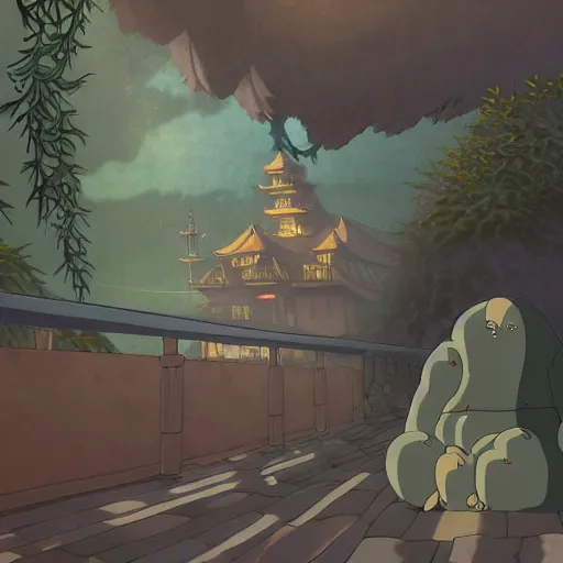 Image similar to spirited away monster ghibli artstyle,peace atmopshere, wonderful scene, 8k, smooth, detailed with high quality, details