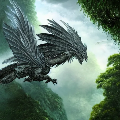 Prompt: a feathered dragon with wings spread out and an open mouth flying over high cliffs and jungles with large trees and vines, fantasy, 8k, realistic