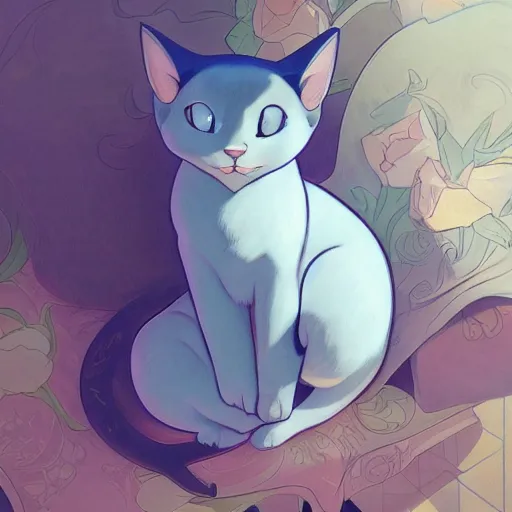 Prompt: a powder blue cat with oversized ears taking a nap ambient lighting, 4 k, lois van baarle, ilya kuvshinov, rossdraws, alphonse mucha, jung gi kim, artstation