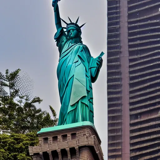 Image similar to photo of the statue of liberty as a taiwanese asian in taipei, copper cladding