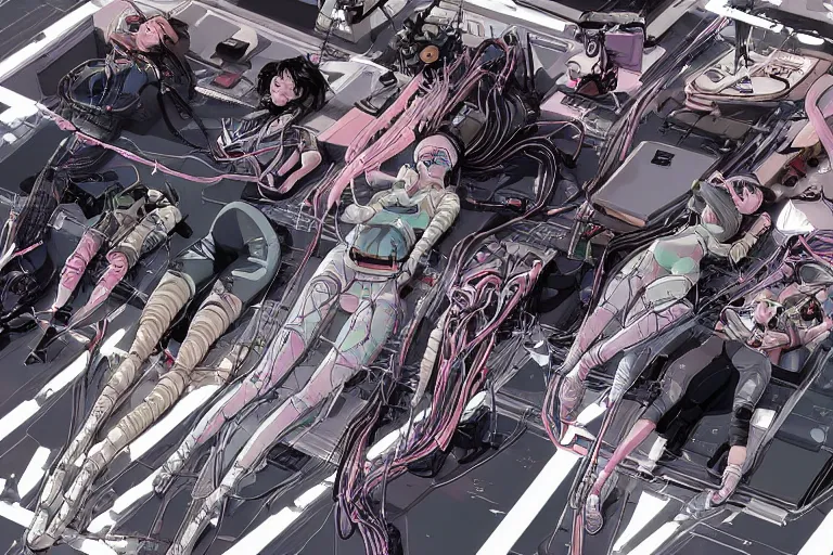 Prompt: a cyberpunk illustration of a group of female androids in style of yukito kishiro, lying on an abstract, empty, white floor with their body parts scattered around in various poses and cables and wires coming out, by masamune shirow and katsuhiro otomo, hyper-detailed, intricate, view from above