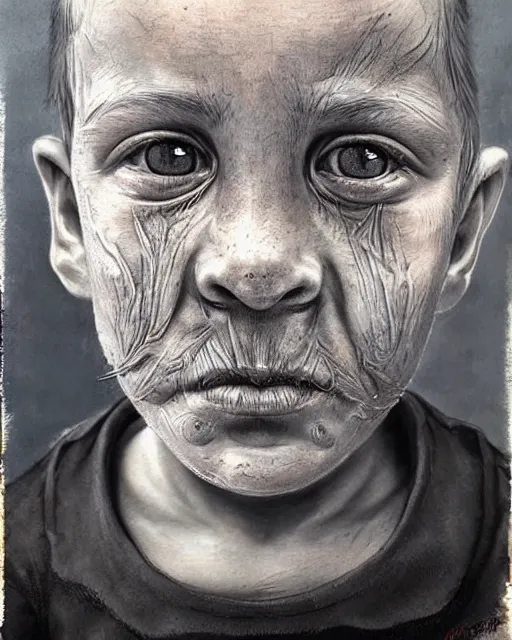 Prompt: portrait of a 5 year old child, with old wrinkly skin and a scruffy beard, very detailed eyes, hyperrealistic, very detailed painting by Joao Ruas, by Artgerm