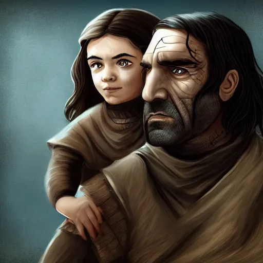 Prompt: Game of Thrones Arya and the Hound by arnistotle, Trending on Deviantart.