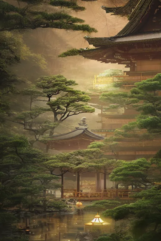 Image similar to Japanese Buddhist temple in the middle of a forest of bonsai and bamboo, powerfull, intricate, elegant, volumetric lighting, digital painting, highly detailed, artstation, sharp focus, illustration, concept art, ruan jia, steve mccurry