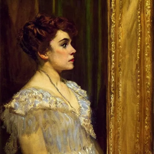 Image similar to a theatre actress waiting behind the curtain, by alfred stevens