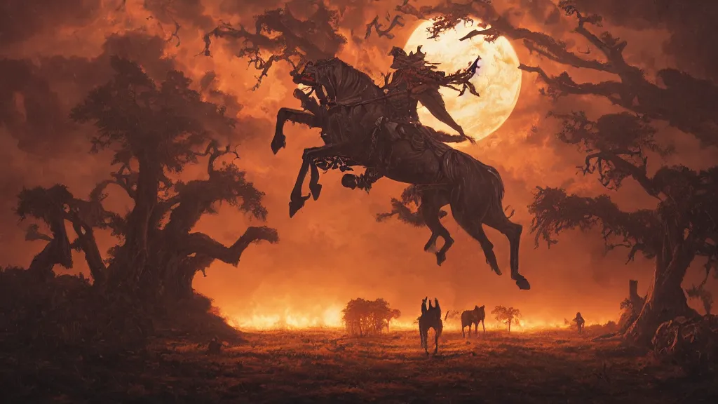 Image similar to a colonial rider!!!! with jack - o - lantern head on lone rampant!!! ( ( black horse ) ) with fiery eyes, background gnarled trees and large supermoon, in the styles of greg rutkowski, keith parkinson, and john quidor, intricate, detailed, volumetric lighting