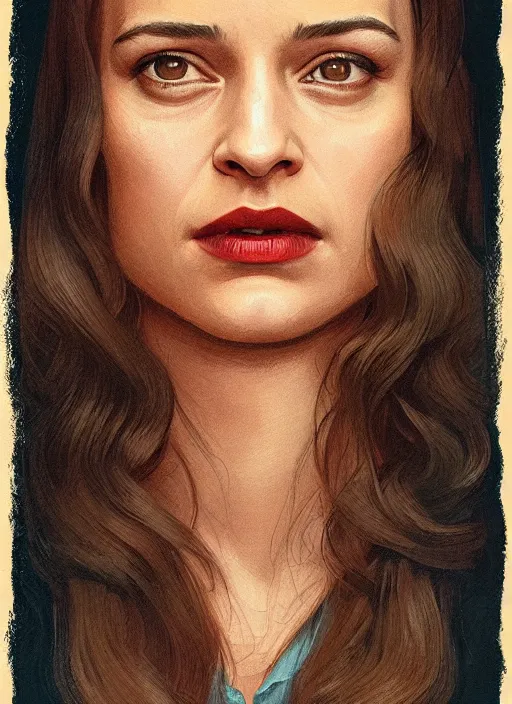 Prompt: twin peaks movie poster art, portrait of alicia vikander, from scene from twin peaks, clean, simple illustration, nostalgic, domestic, highly detailed, digital painting, artstation, concept art, smooth, sharp focus, illustration, artgerm, donato giancola, joseph christian leyendecker, wlop