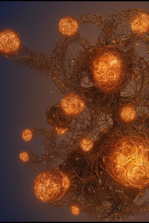 Image similar to a mystical spiral fractal cyborg made of scrap metal and glowing spherical balls and leaves and feathers, 3 d, trending on artstation, octane render, 8 k, by donato giancola