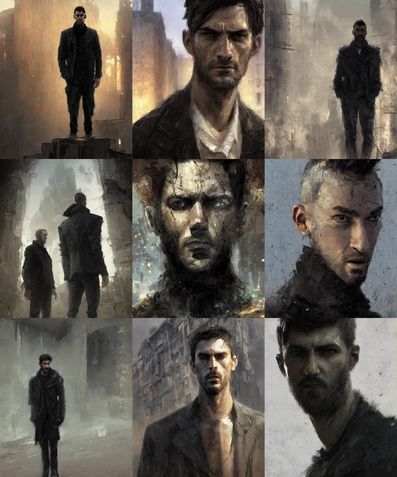 Prompt: digital art painting of a sad depressed looking man, skinny grunt face, wearing a black jacket, standing at the edge of a building painted by craig mullins and gaston bussiere and greg rutkowski, symmetrical face, defined facial features, symmetrical facial features, dramatic lighting, close up