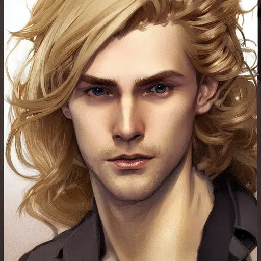 Image similar to Blond Lucius with closed eyes smiling, very detailed sharp angular masculine face, hooked nose and square jaw, long fluffy curly blond hair, light blond hair, NO BEARD, gorgeous, beautiful, intricate, highly detailed, digital painting, artstation, concept art, sharp focus, illustration, art by greg rutkowski and alphonse mucha