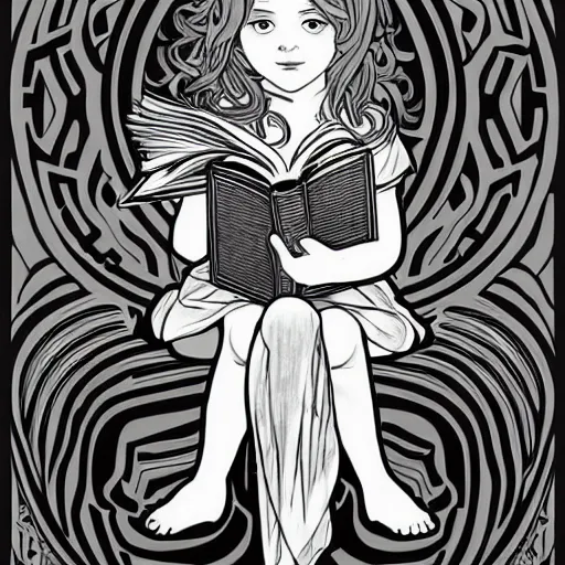 Prompt: clean simple line art of a little girl with short wavy curly light brown hair and blue eyes, reading a book. no background. well composed, clean, black and white, beautiful detailed face line art by ilya kuvshinov and alphonse mucha