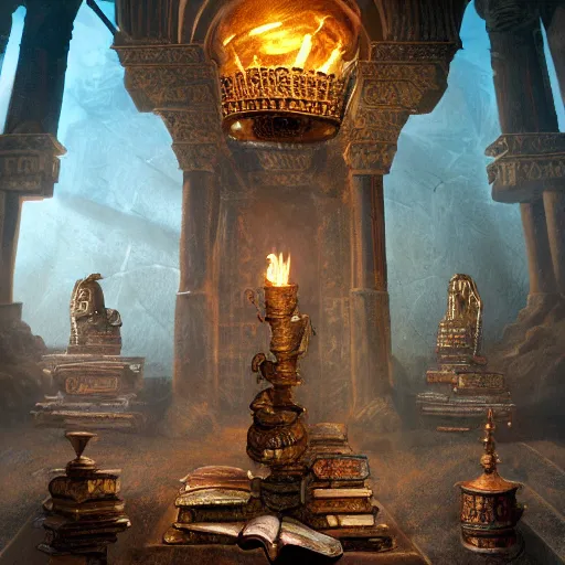 Image similar to !dream epic view of an ancient dark byzantine interior, ornate oil lamp on a pile of crystals, books covered in jewels, ornate, surrounded by strange statues and treasure, full of sand and dust, hyper real, Indiana Jones, Tomb Raider, trending on artstation, concept art, cinematic, jewels, by Greg Rutkowski