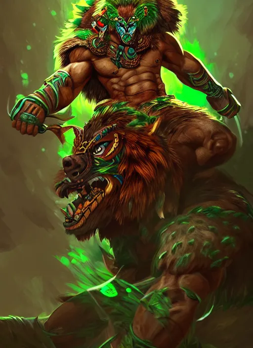 Image similar to a highly detailed illustration of fierce aztec tribal boy wearing green wolf mane, heroic roaring wielding aztec club pose, muscular, intricate, elegant, highly detailed, centered, digital painting, artstation, concept art, smooth, sharp focus, league of legends concept art, wlop