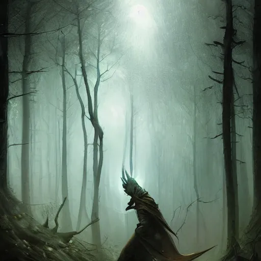 Image similar to ''cinematic shot'' dark hooded mage using his magic to create zombies in the dead forest with leaves falling simetrical 8 k atmosferic realistic made by ivan aivazovsky, peter mohrbacher, greg rutkowski volumetric light effect broad light oil painting painting fantasy art style sci - fi art style realism premium prints available artwork unreal engine